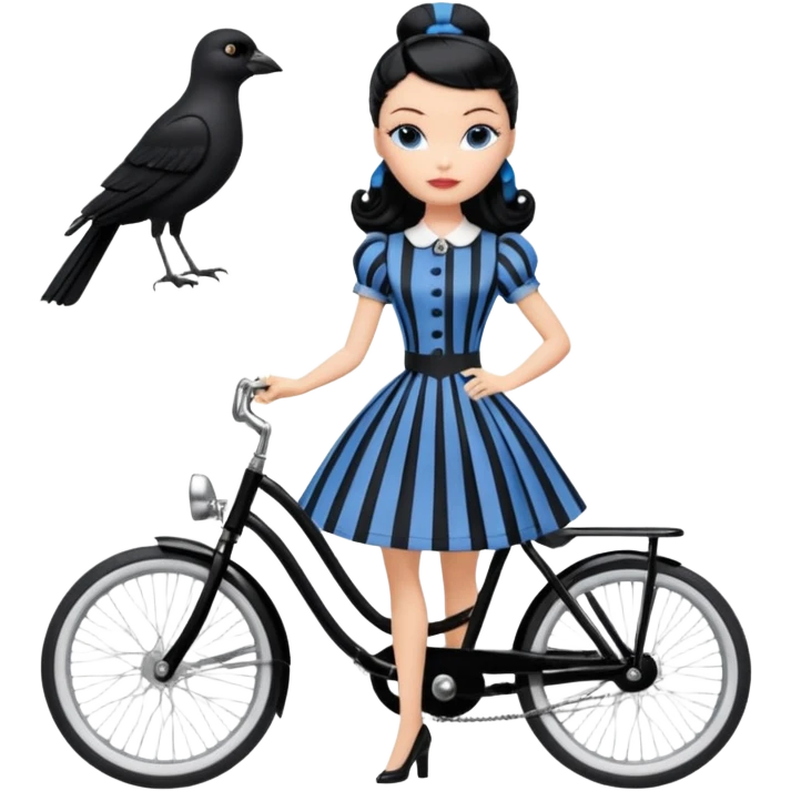 1920s coal hair Silkstone Marie Antoinette Barbie Wednesday Addams from academy in a blue and black vertically-striped classic dress. riding hot rod bikes with crows emoji