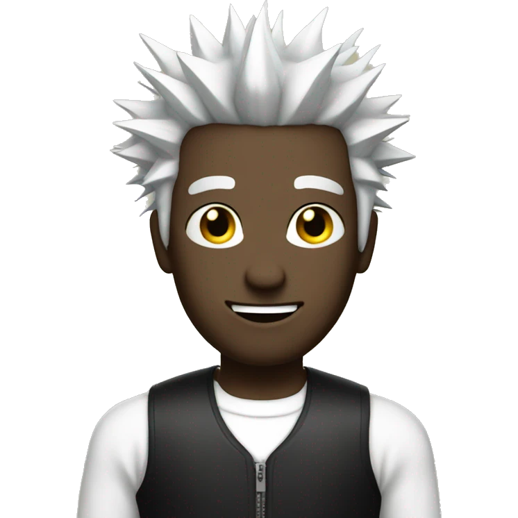 man black outfit white spiky hair holding an crsh emoji