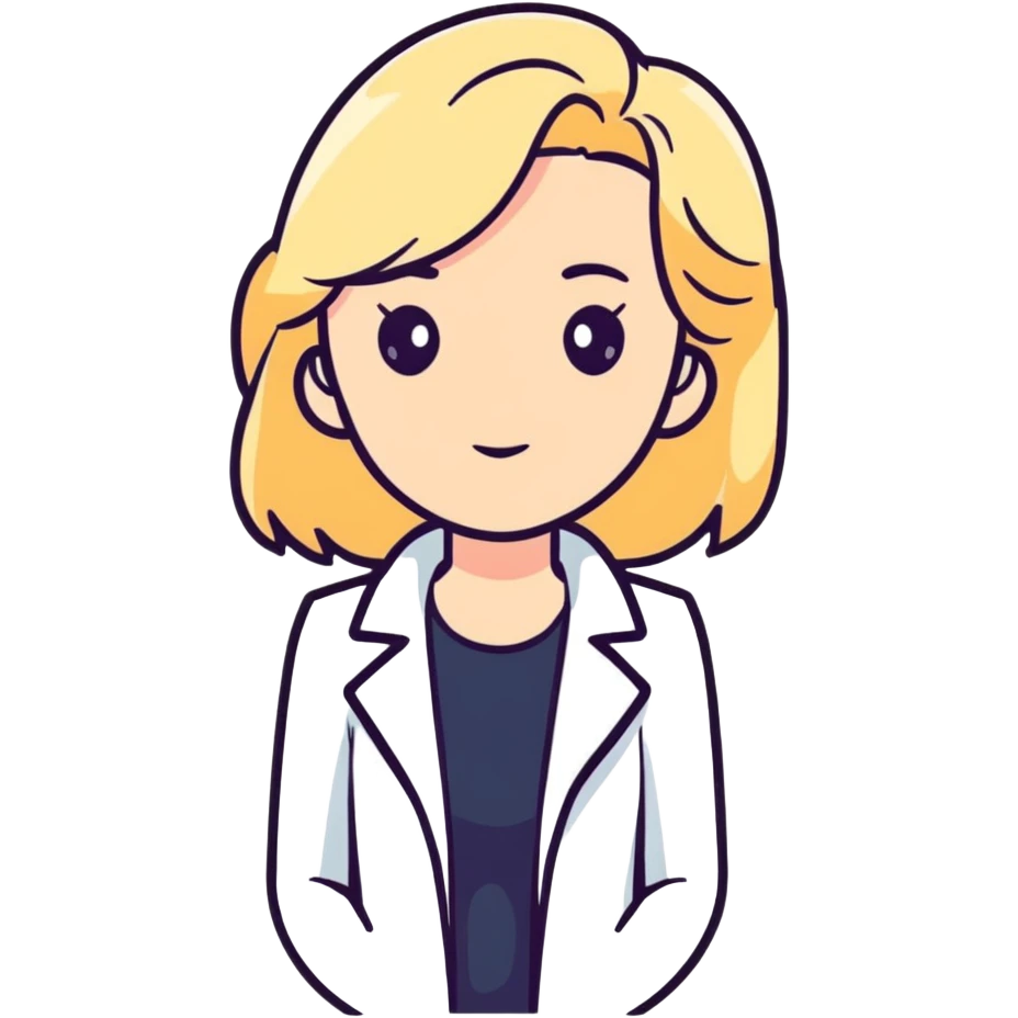 A blonde kinesiologist woman with a thinking face, wearing a white coat, considering therapy options emoji