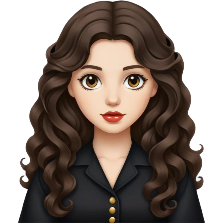 Brunette with long wavy  hair in black vintage  emoji