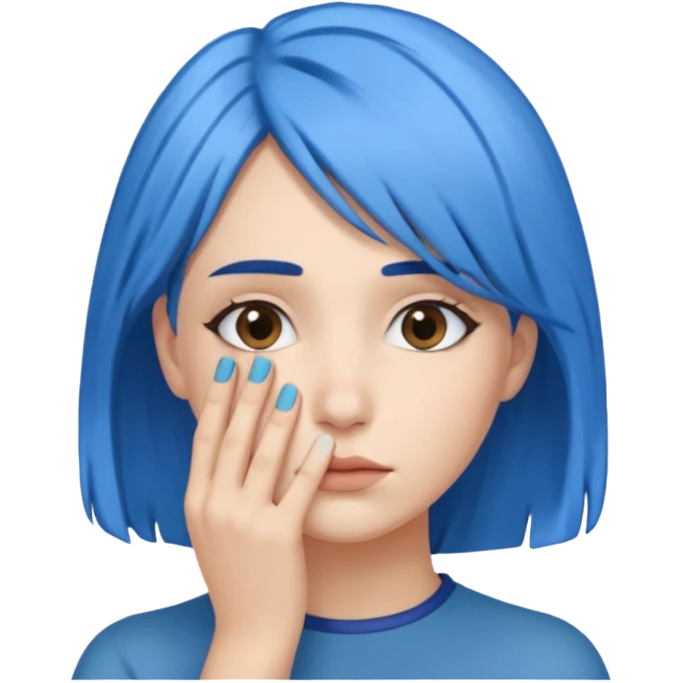 Woman with hand over face with blue hair emoji