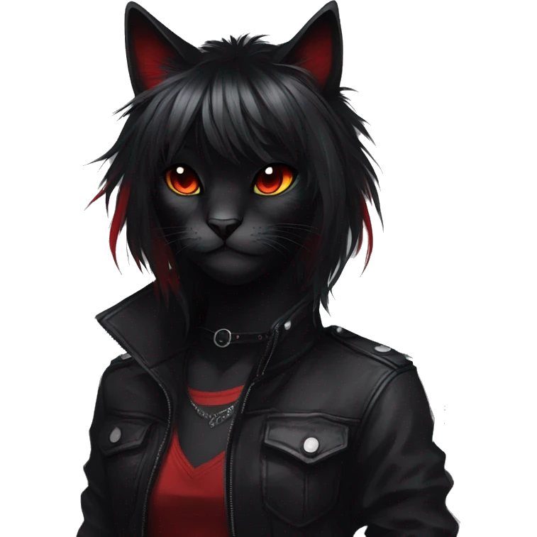Anthro Edgy Cool Beautiful Black Cat-Fursona with Emo Hair-bangs with Red Streaks emoji