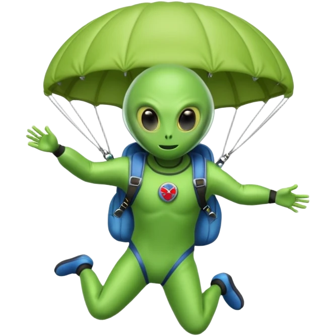 Skydiving alien with parachute and UFO emoji
