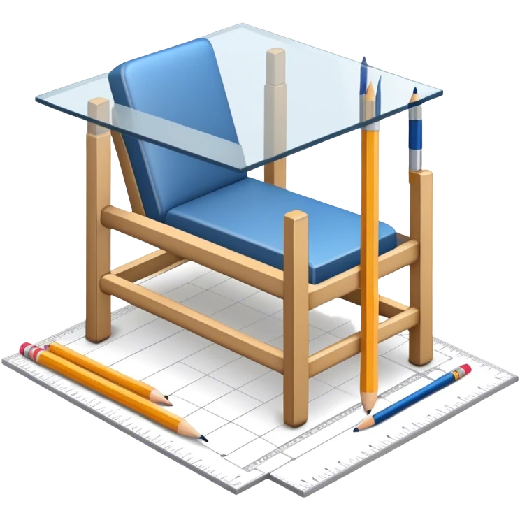 Icon for Furniture Design: a furniture drawing with 3D models of furniture pieces placed on top, accompanied by rulers and a pencil. The icon should represent the design process with focus on precision and modeling. Transparent background. emoji