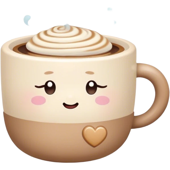 Cute Kawaii Coffee Cup, cozy and warm, a tiny swirl of steam shaped like a heart, round chubby face with a sleepy but content expression, soft pastel brown and cream colors, perfect morning vibes! emoji