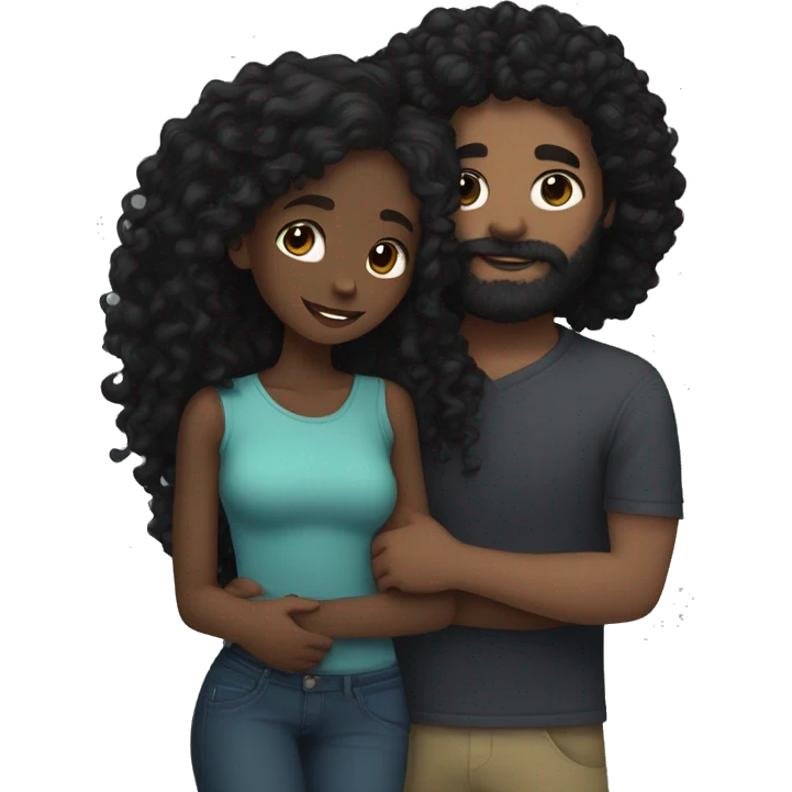 Black girl with long black curly hair cuddling with white skin guy with dark brown hair and dark brown beard  emoji