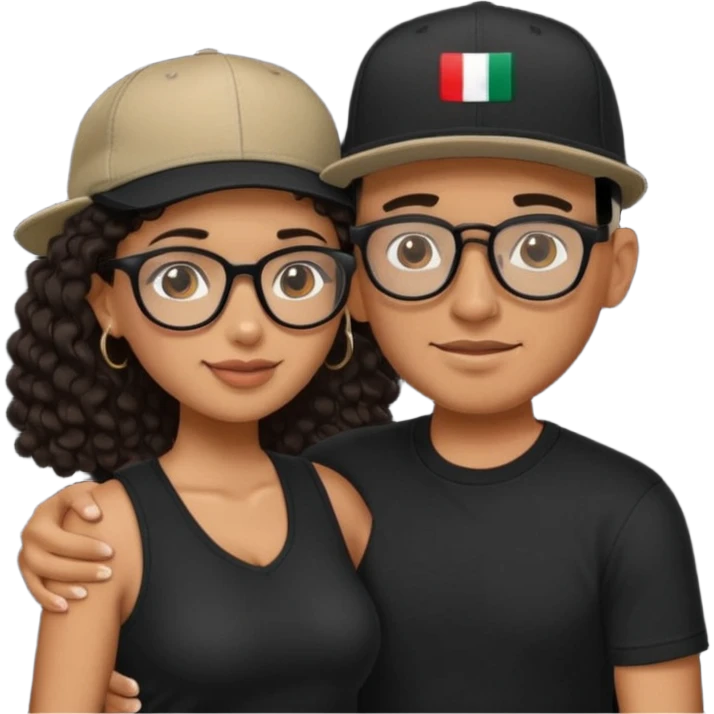 A picture of an embracing tanned couple. the man is a Mexican man with tanned skin, with a bald hair cut wearing a SnapBack hat and a black shirt. the woman wearing black glasses, with long curly dark brown hair and with big boobs.  emoji