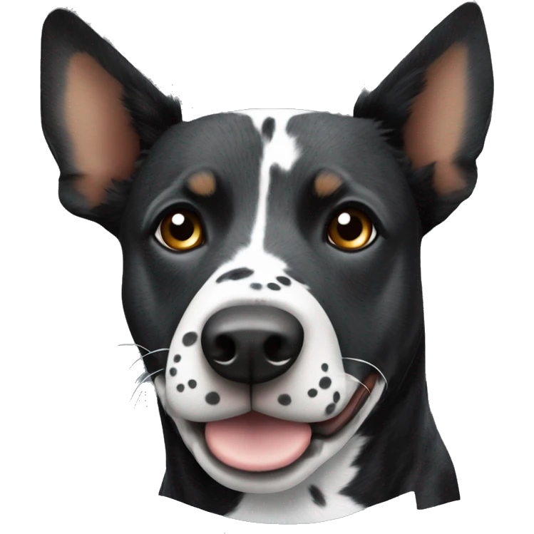 Black cattle dog with pointy ears and white stripe down nose and spotty chest  emoji