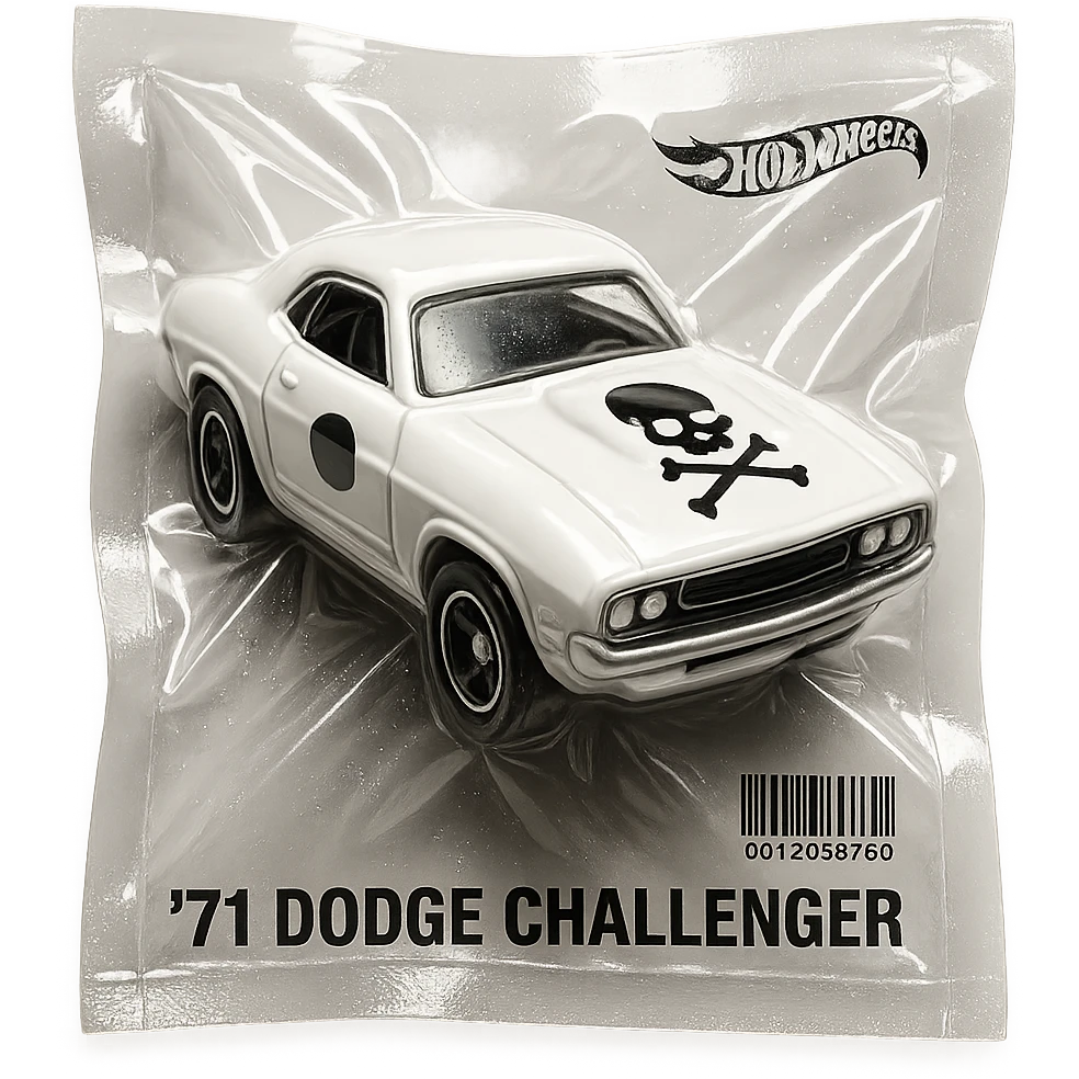 white 1971 Dodge Challenger Hot Wheels toy car, glossy and puffy, inspired by the movie 'Death Proof' emoji