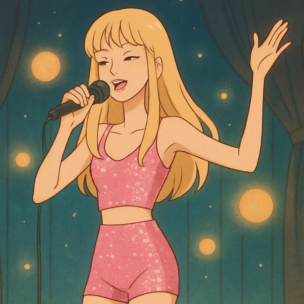 Pretty and thin tall Blonde pop star with bangs singing onstage, wearing a sparkly pink outfit   emoji