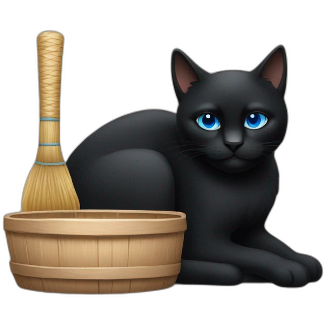 a black cat with blue eyes who sits in a village bathhouse with an oak broom and drinks kvass emoji