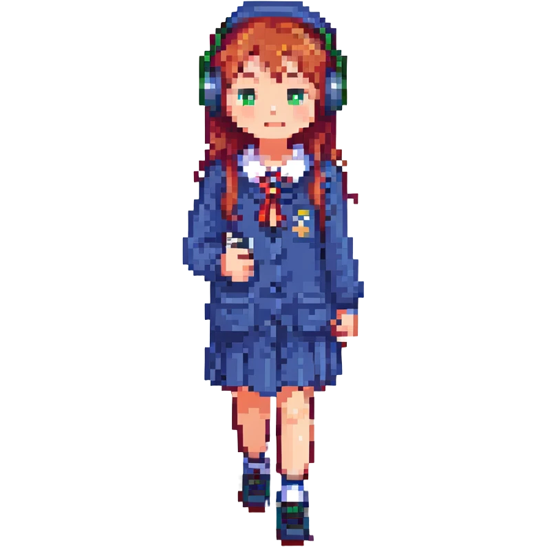 girl in a school uniform with headphones, walking, pixel art style emoji