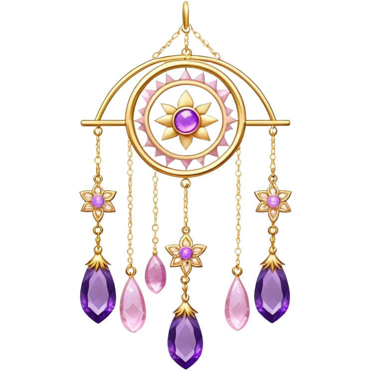 Epic Hanging gold suncatcher, threads with shiny sparkly amethyst and rose-quartz gemstones, flowers, moons, stars, gradient colors emoji
