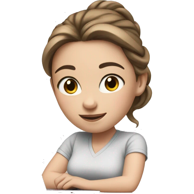 white girl at desk, brown hair, ponytail, blue eyes, computer, airpods emoji