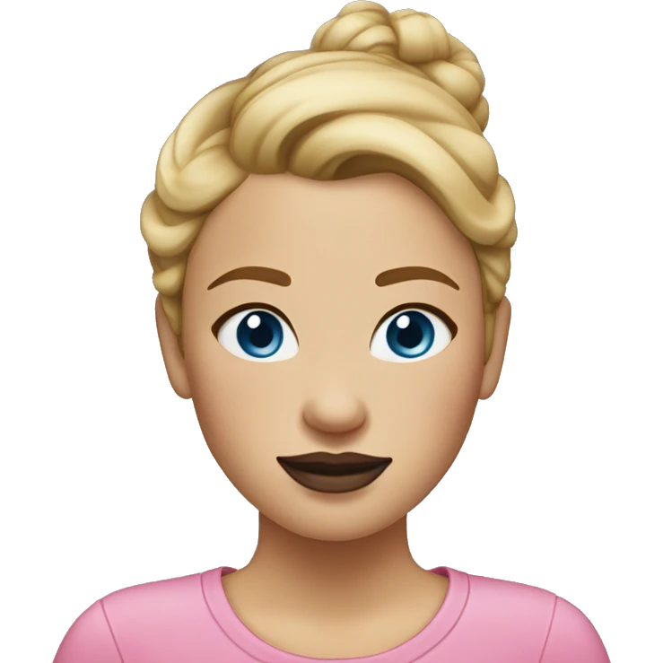 a woman with freckles, blue eyes, light skin, blonde hair with a bun, pink lips. black clothes. emoji