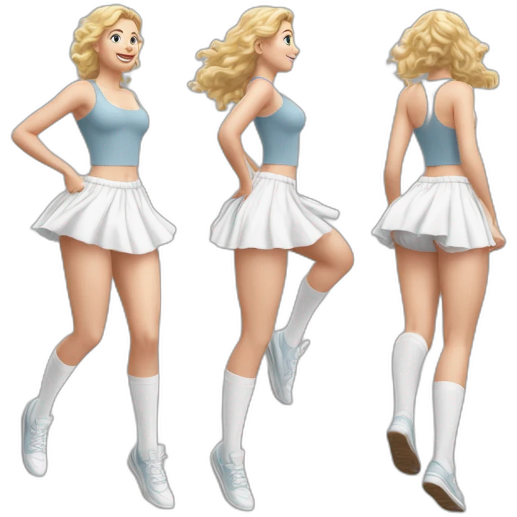 Hyperrealistic Full body Caucasian curvy beauty jumping short white skirt back and front views strong wind knickers long white socks emoji