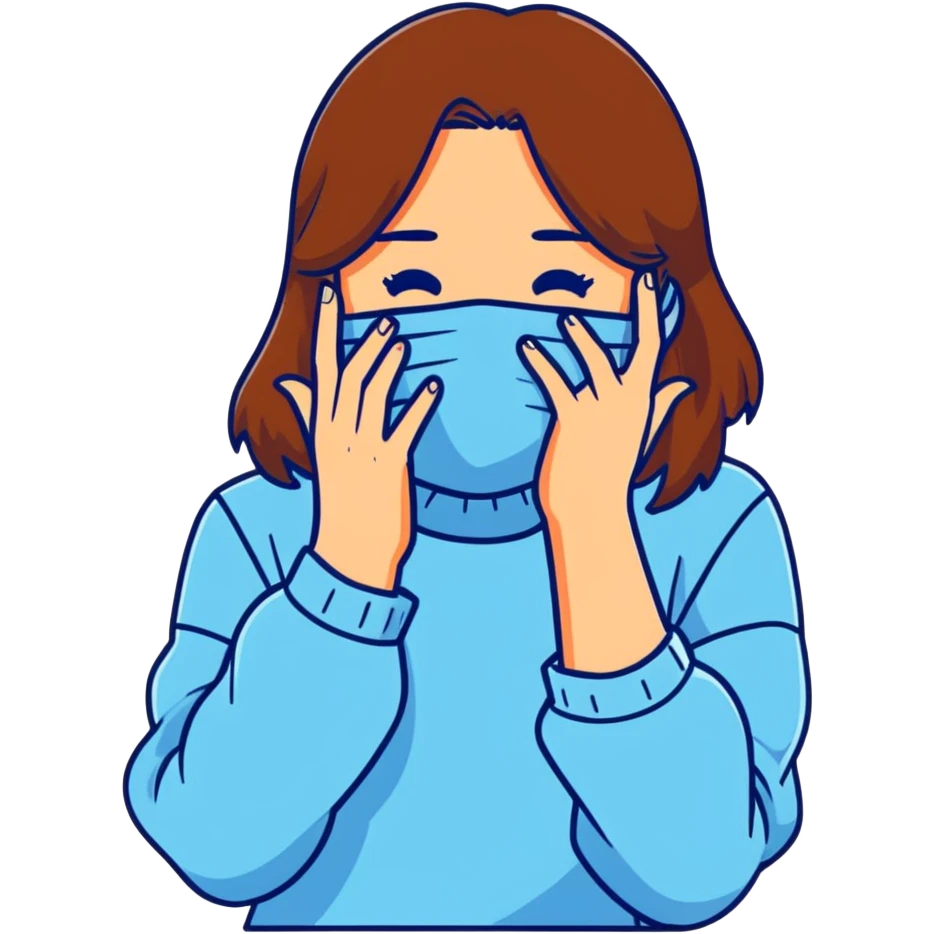 brunette girl with brown hair wearing pastel blue clothes covering her face with her hand emoji