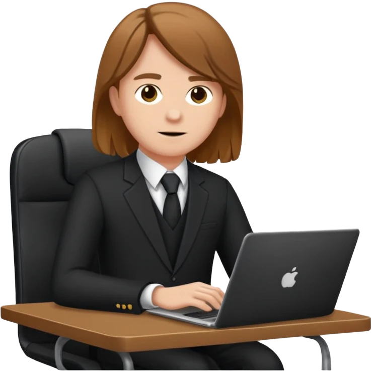 Mach mir einen Trader der in einem Schreibtischstuhl sitzt mit einem Laptop. vor sich am tisch. Aber er soll alleine sein. Mach ihn mit anzug und braunen haaren und määnlich emoji