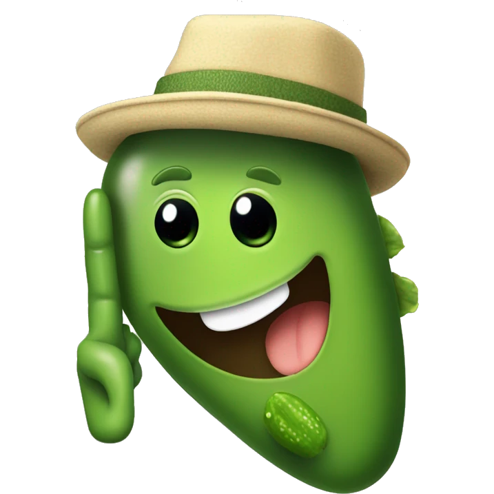 pickle wearing a hat giving the peace sign emoji
