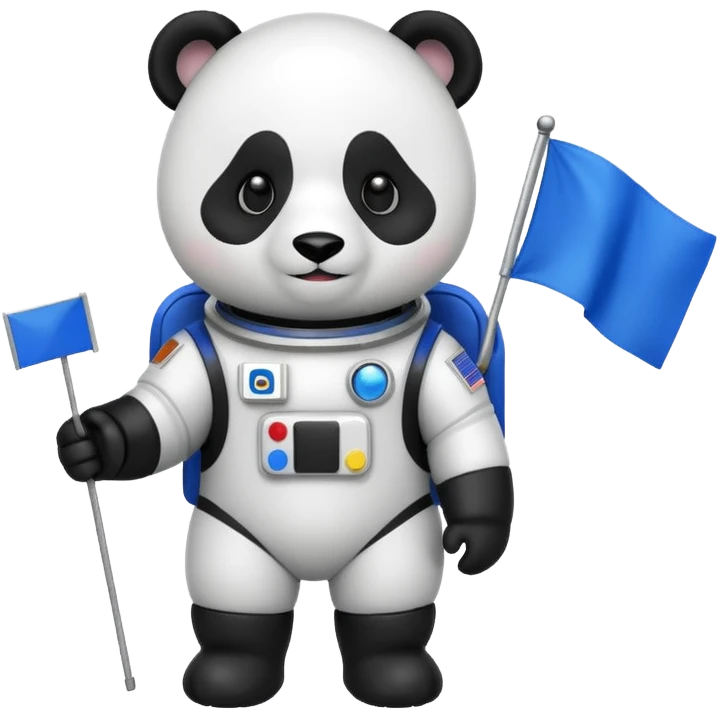 a panda in space suit, holding blue rectangle flag emoji
