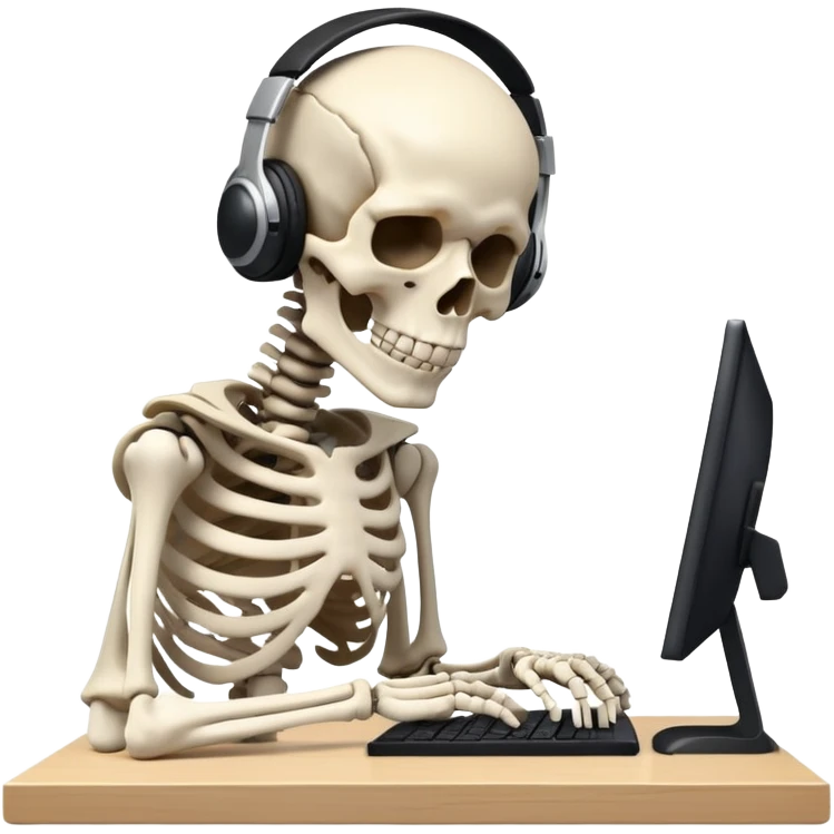 Skeleton sitting at computer with black headphones on slamming his head into his desk emoji