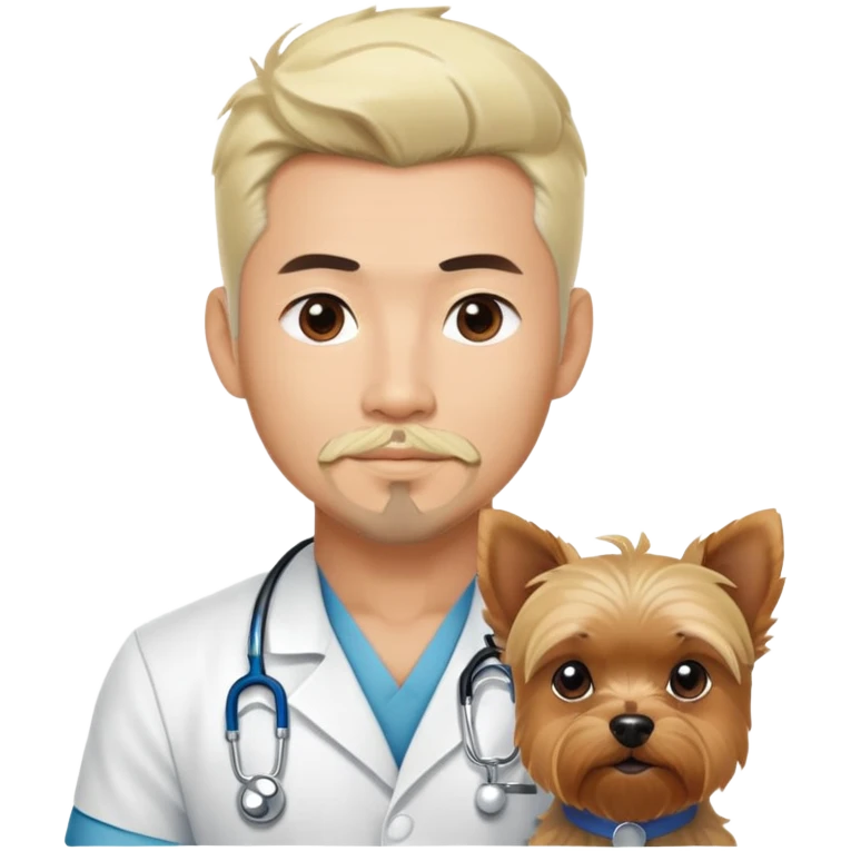 Blonde nurse and a dark haired pointy hair full goatee and muscular hot asain Korean man with one silver hair yorkie.  emoji