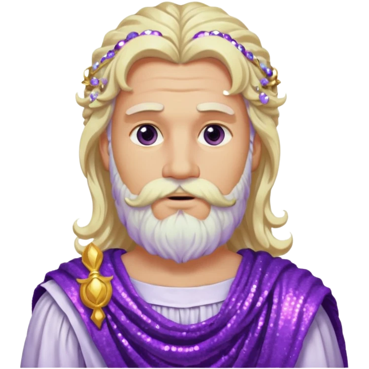 Jupiter, God of Sky from Roman Deities with long white blonde wavy hair and beard, purple sequin toga emoji