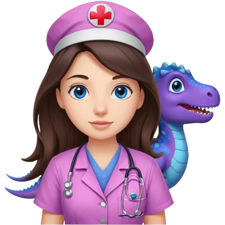 pretty brunette nurse with long hair and blue eyes in pink and purple dinosaur pattern scrubs emoji