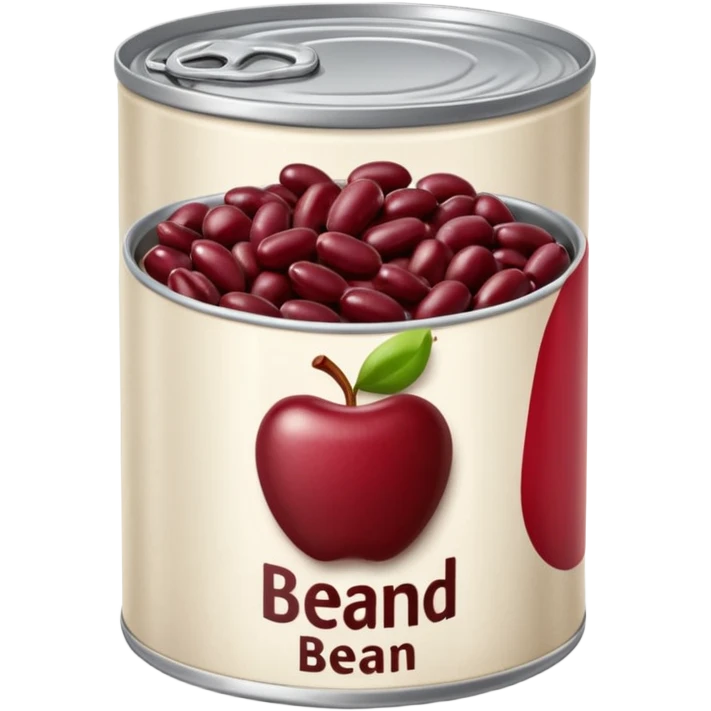 open metal can filled with glossy dark red kidney beans in thick slightly starchy liquid, beans plump smooth gently mounded in plain partially opened tin can, no label or extras, apple emoji style, soft lighting, subtle shadows, transparent background, emoji scale emoji