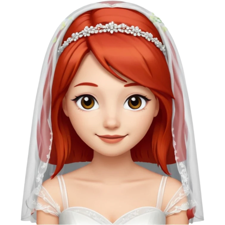 милая девушка невеста, с фатой, рыжими прямыми волосами по плечи, с черными макияжем глаз, тонкими бровями, с улыбкой, в стиле Apple avatar emoji