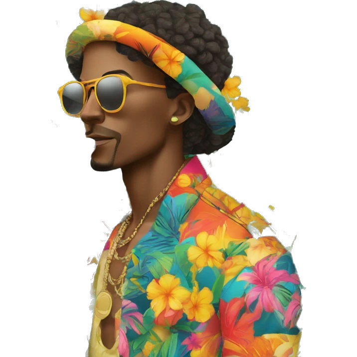 Person vaping wearing a colourful vibrant tropical patchwork of intricate vintage patterns, vape emoji