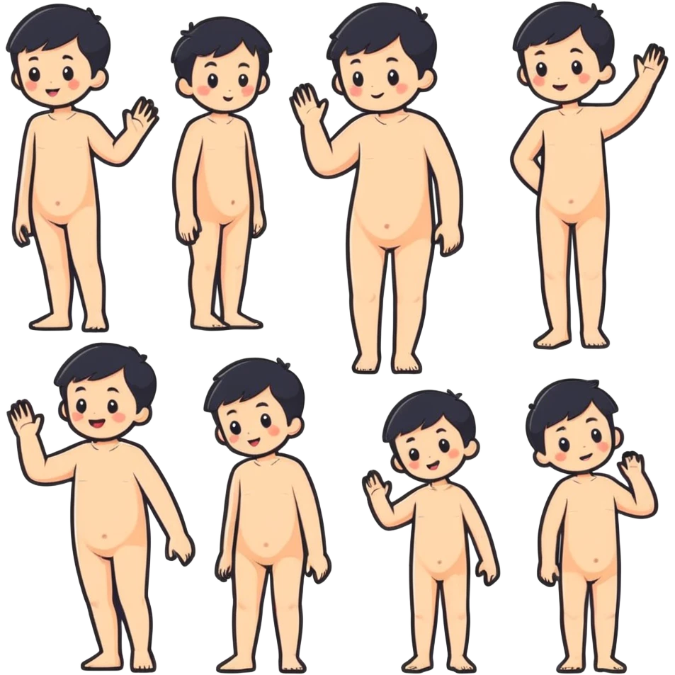 playful short person cartoon sticker style, minimal or no clothing, non-explicit, suitable for general audience, different poses emoji