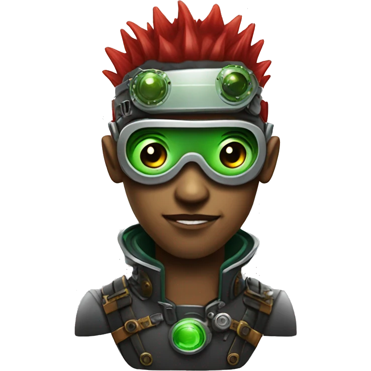 Male cyborg with thin red Mohawk and green steampunk goggles emoji