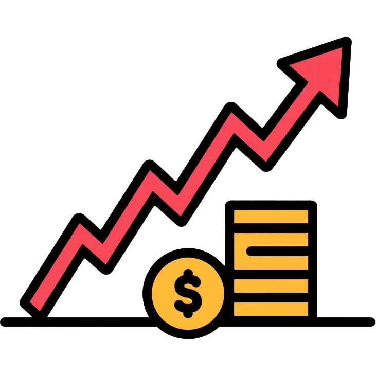 upward arrow beside a small stack of gold coins, beauty business financial growth symbol emoji