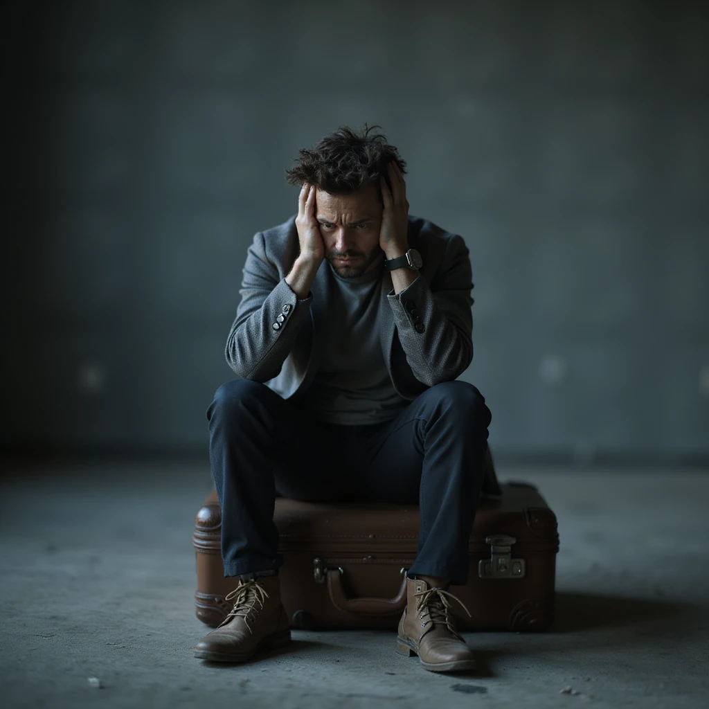 A hyperrealistic 4K image of a man sitting alone on a suitcase in an empty room, with a destroyed face and lost gaze, hands in his hair, conveying an atmosphere of discouragement and fatigue, cold lighting, detailed, conveying the feeling of having to start all over again. emoji