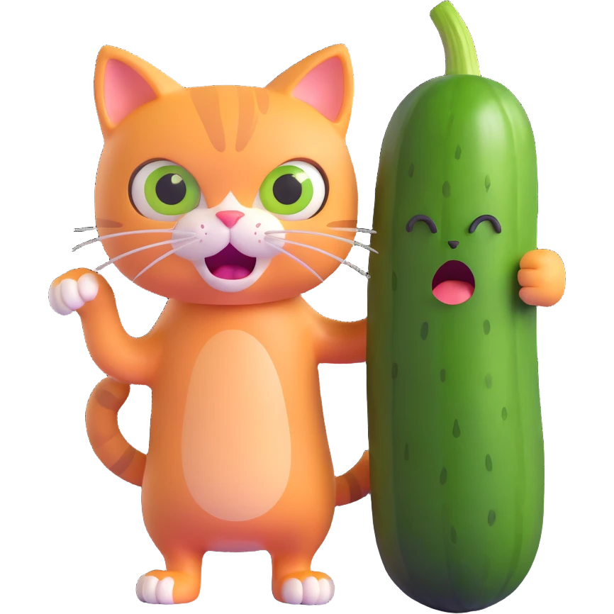a scared cat next to a cucumber emoji