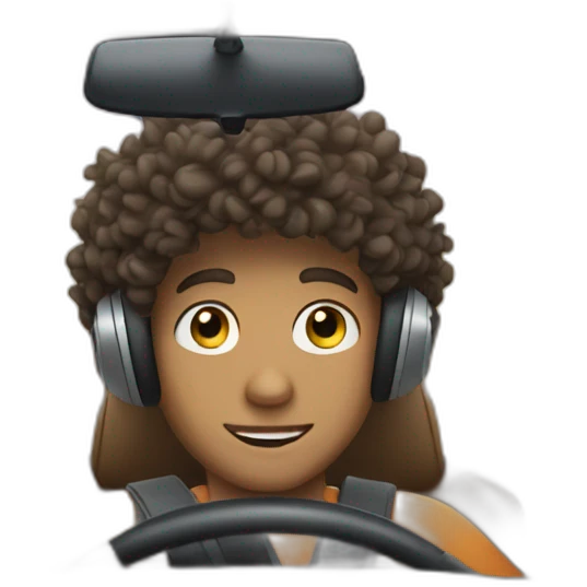 a boy with curly hair driving a car and listening to music emoji