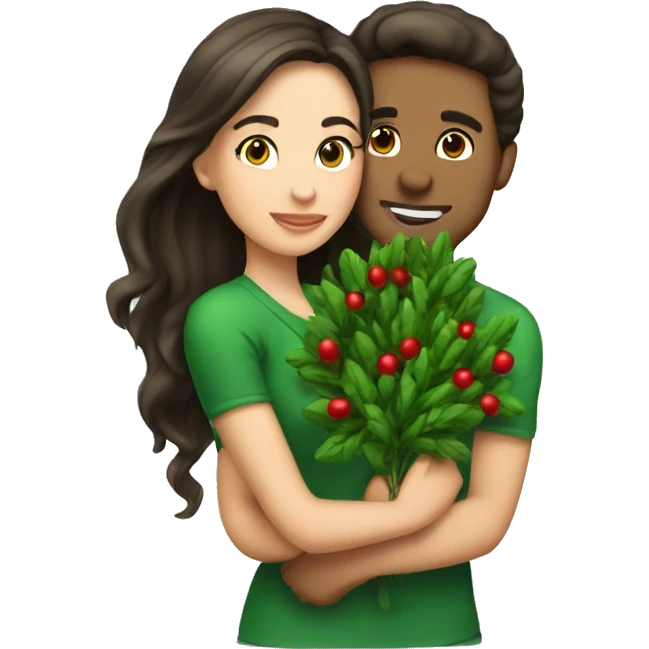 Brunette couple mistletoe kiss emoji