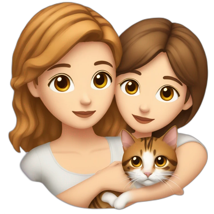White woman with short brown hair and dark brown eyes with a white woman with light brown shoulder long hair hugging a tabby brown bengal cat emoji