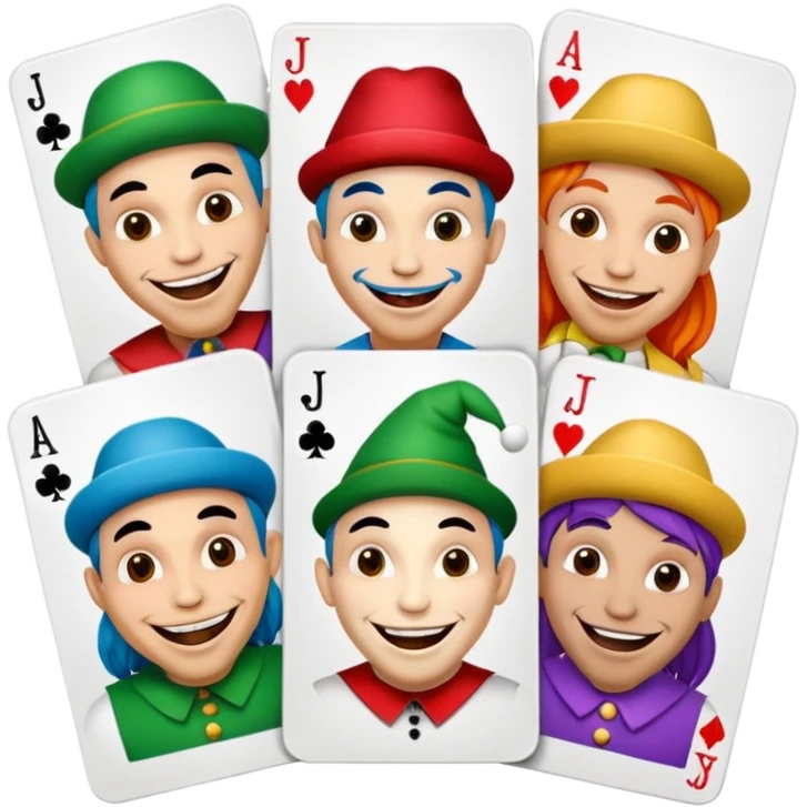 3 poker cards, with crazy colorful human jolly jokers inside, face only emoji