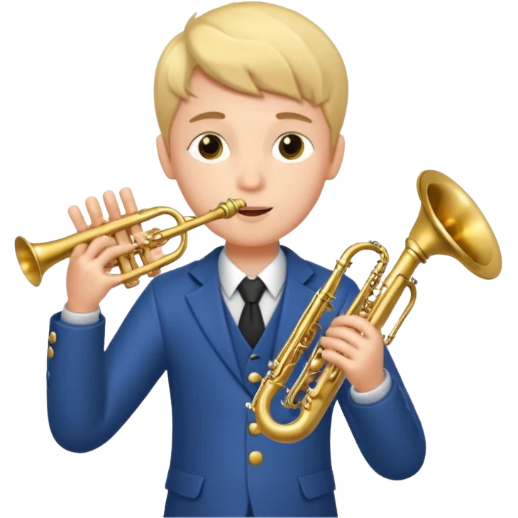 Boy with 4 arms holding a trumpet in one hand and a saxophone in the other emoji
