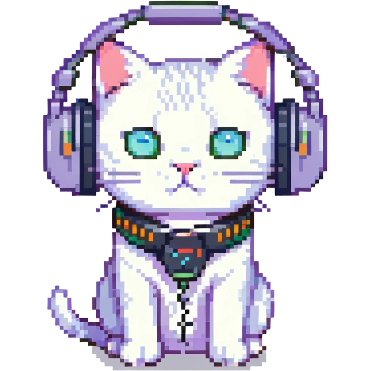 a playful cat with large headphones, pixel art style emoji