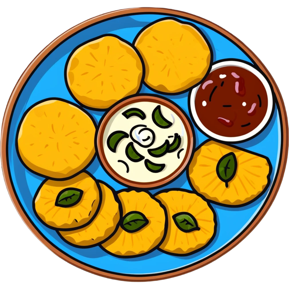 Aloo Tikki Chaat plate with potato patties topped with yogurt and chutneys emoji