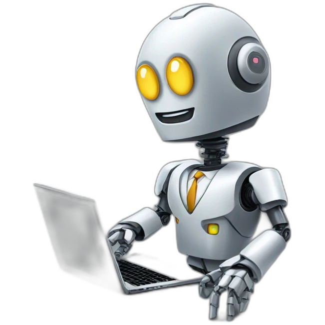 robot in a suit with head tilted using a laptop emoji