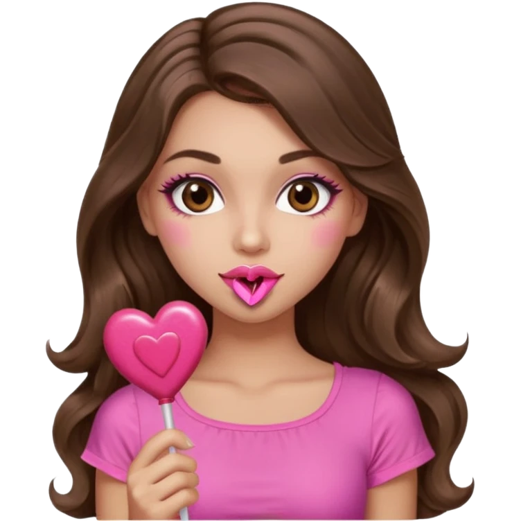 girl with long wavy brown hair, brown eyes, long lashes makeup, sexy pink lips, light to medium complexion, wearing a pink sexy top,, heart lillipop emoji