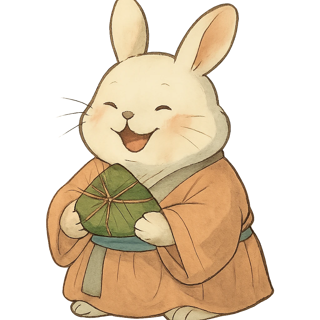 chubby bunny in hanfu holding a bamboo-wrapped zongzi with a big smile, Chinese traditional style, soft tones emoji