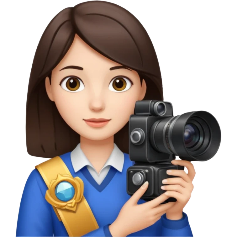 A brunette girl , she’s a proud and successful filmmaker 🍿🌍✨ she’s next to a camera, / holding awards  emoji