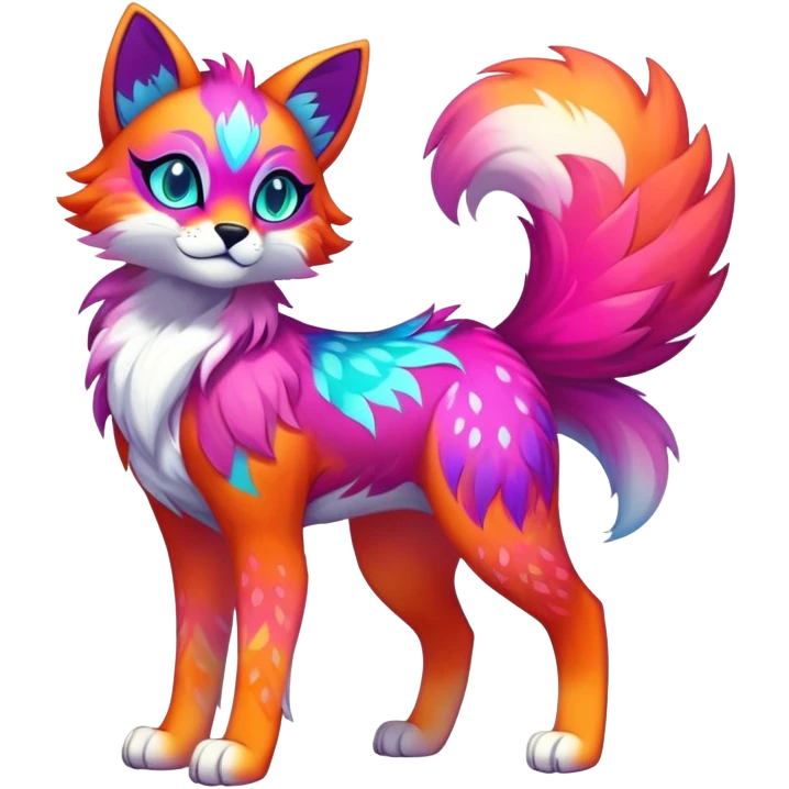 Vibrant multicolored neon-colored Falvie-Fionbri-creature-sparkle-feline-canine-hybrid-fursona, full body, fur pattern-markings emoji