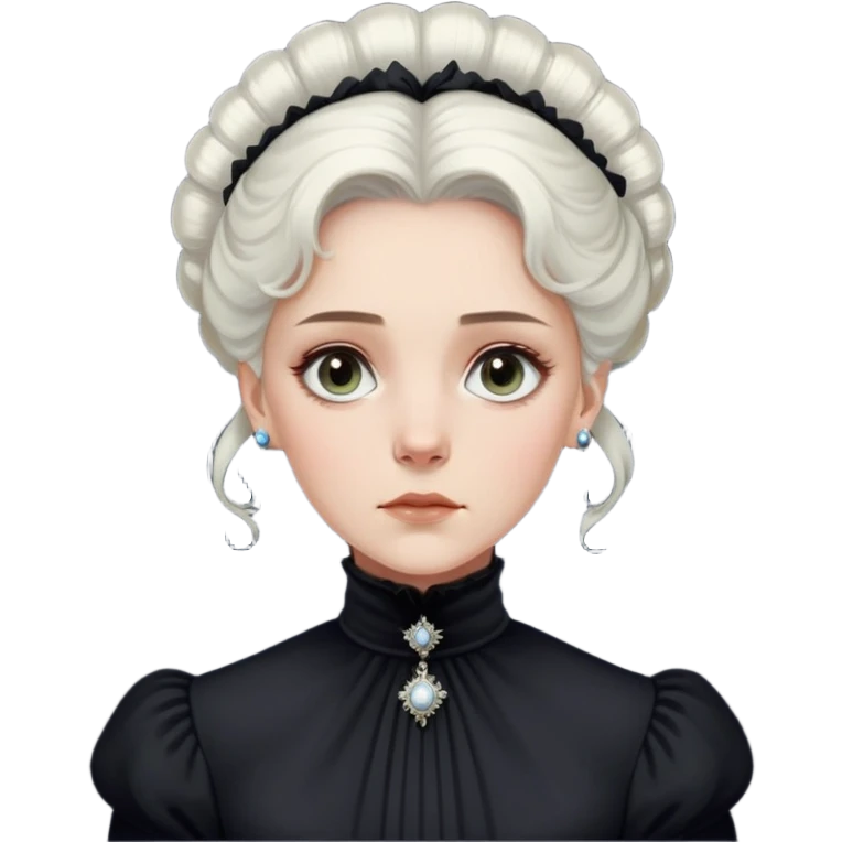 Victorian-era white woman with white coiffed hair, light eyes, wearing a simple dark turtleneck Victorian gown, with a dropped jaw in awe and wonder emoji