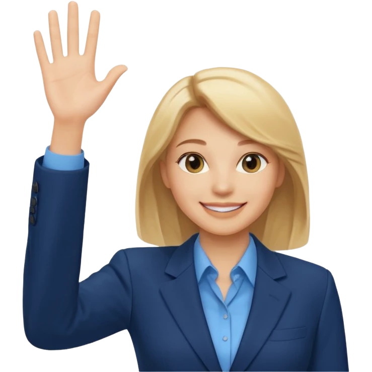 Make emoji of business woman with light skin and medium blonde hair in a dark blue business suit and light blue shirt waiving to new clients emoji